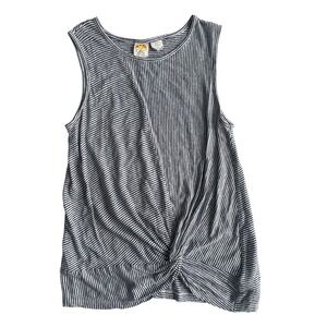 C&C California Women Medium Tank Top Blue White Striped 100% Linen Twist Knot